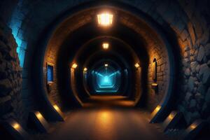 uma Sombrio túnel com uma azul luz e uma azul luz ai gerado foto