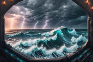 uma tempestade sobre a oceano com uma relâmpago parafuso em a horizonte ai gerado foto