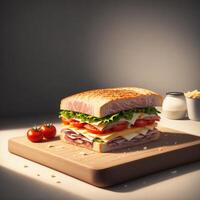 sanduíches em uma corte borda com presunto queijo e tomate ai gerado foto