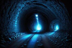 uma Sombrio túnel com uma azul luz e uma azul luz ai gerado foto