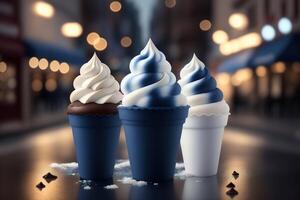 chocolate baunilha gelo creme cone Publicidades com gelo cubos e flocos de neve ai gerado foto