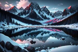 uma montanha lago com neve em a montanhas pequeno Sombrio paraíso ai gerado foto