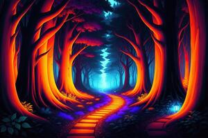 uma caminho conduzindo para dentro uma floresta às noite fantasia místico ai gerado foto