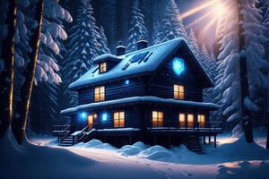 uma neve - coberto casa dentro a floresta com azul luzes ai gerado foto