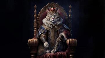 a real gato com luxo vestir fantasia. fechar acima retrato rei gato com trono e coroa. generativo ai. foto