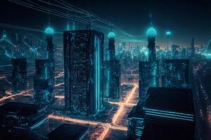 noite cidade cyber punk panorama conceito. luz brilhando em Sombrio cena. noite vida. tecnologia rede para 5g. além geração e futurista do ficção científica capital cidade e construção cena. generativo ai. foto