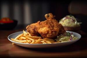 uma prato do dourado Castanho frito frango, servido com crocantes francês fritas e batata gerado ai foto