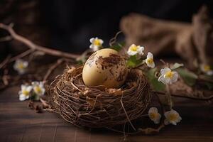 uma pequeno ovo em uma fofa pássaro ninho com lindo branco flores silvestres galhos. ovo com uma pássaro ninho e árvore galhos em a de madeira mesa. feliz Páscoa ovo celebração conceito com a ovo. generativo ai. foto