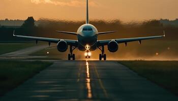 fechar-se tiro do a avião aterrissagem em a pista. generativo ai foto