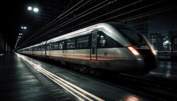 foto do moderno Alto Rapidez trem passagem através a cidade às noite. generativo ai