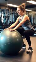 foto do fêmea atleta trabalhando Fora em pilates bola. generativo ai