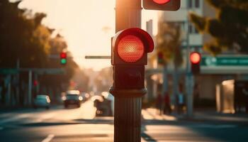 cidade pedestre cruzando com uma vermelho luz, defocussed e borrado rua fundo. generativo ai foto