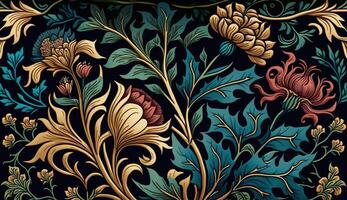 generativo ai, floral colorida padronizar. William Morris inspirado natural plantas e flores fundo, vintage ilustração. folk estilo foto