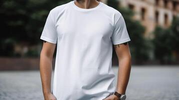 generativo ai, realista branco camiseta zombar acima em branco colocar em jovem homem, copyspace para apresentação anúncio. em branco o negócio conceito foto