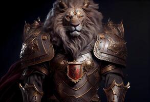 velho leão dentro medieval armaduras. protetor e guerreiro. ai gerado foto