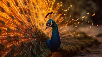 elegante colorida retrato do uma pavão às pôr do sol. ai gerado foto