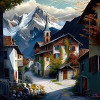 surpreendente panorama arte - Vila dentro a Alpes ilustração - ai gerado foto