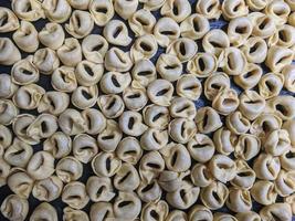 uma fechar acima topo Visão tiro do cru tortellini com branco cogumelos textura Comida fotografia foto