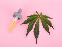 folha de cannabis e pipeta com extrato de concentrado de thc em fundo rosa foto