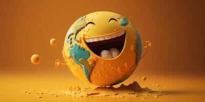 fofa terra personagem rindo em amarelo fundo, feliz terra dia, mundo riso dia. generativo ai foto