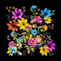 uma ramalhete do colorida flores, uma brilhante paisagem florida, uma festivo floral exibição, floral óleo pintura em tela de pintura , ainda vida flores pintura, projetado com artificial inteligência, generativo ai foto