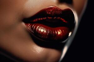 □ Gentil Sombrio vermelho brilhante pintado grande lábios mulher generativo ai foto