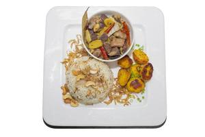 uma prato do casa chefe de cozinha carne kata Masala, avião saboroso maluco pulao e pequeno pote frito. topo visualizar. em branco fundo. foto