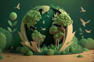 mundo meio Ambiente dia em verde fundo dentro papel cortar estilo, terra dia. generativo ai foto