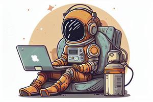 a robô astronauta homem senta com computador portátil. procurar em a Internet. Internet surfar foto