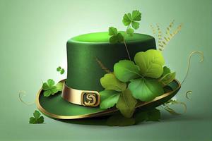 st. patrick's cartão com dois verde folha, uma verde chapéu e pilhas do ouro moedas foto