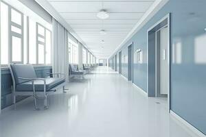grandes hospital brilhante corredor com quartos e azul assentos 3d Renderização foto