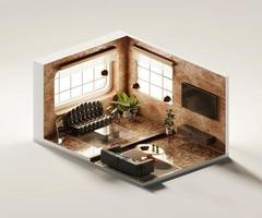 sala de estar com vista isométrica aberta dentro da arquitetura de interiores, arte digital de renderização em 3d. foto