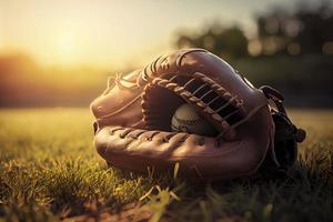 beisebol dentro luva dentro a gramado às pôr do sol dentro a tarde dia com Sol raio e lente flare luz foto