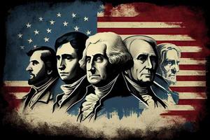 feliz presidentes dia conceito com a nos nacional bandeira contra uma colagem americano presidentes retratos foto