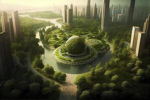 futurista cidade conceito do esg verde edifícios e escritórios preenchidas com vegetação, arranha-céus, parques e de outros verde espaços foto