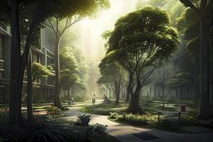 futurista cidade conceito do esg verde edifícios e escritórios preenchidas com vegetação, arranha-céus, parques e de outros verde espaços foto