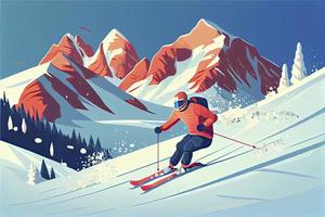 avançado esquiador slides perto montanha ladeira abaixo. Esportes descida em esquis dentro montanhas colinas foto