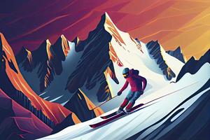 avançado esquiador slides perto montanha ladeira abaixo. Esportes descida em esquis dentro montanhas colinas foto