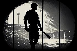 silhueta, a imagem do uma beisebol jogador com uma bastão em a fundo do a estádio foto