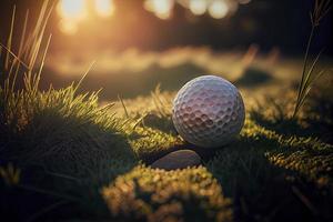 golfe bola em tee dentro uma lindo golfe curso com manhã sol.pronto para golfe dentro a primeiro curto foto