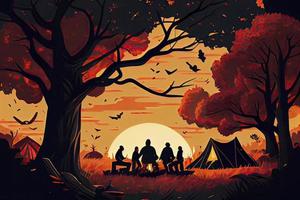 família desfrutando período de férias acampamento às campo dentro outono, grupo do pessoas sentado perto a barraca foto