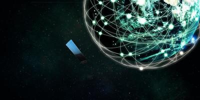 satélites da internet orbitam a terra, conceito de comunicação de tecnologia 3D, ilustração foto