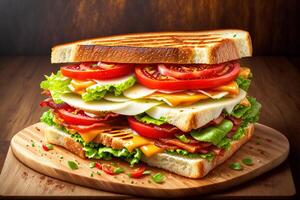 grelhado e sanduíche com bacon frito ovo tomate e alface servido em de madeira corte borda de ai gerado foto