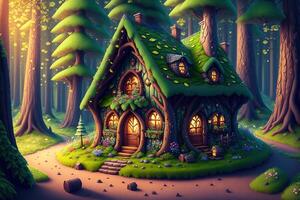 fantasia casa fada conto pequeno chalé dentro mágico floresta de ai gerado foto