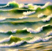 colorida oceano ondas ilustração, colorida mar ondas óleo pintura trabalhar, projetado com artificial inteligência, generativo ai foto