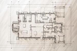 arquitetônico plano em branco papel. técnico projeto do vivo sala. desenhando para construção. criada com generativo ai foto