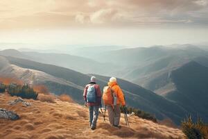 Senior casal caminhada dentro montanhas. idosos turistas com mochilas de bicicleta viajando ar livre. ativo estilo de vida dentro velho idade. criada com generativo ai foto