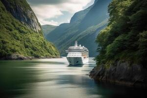 ampla cruzeiro navio dentro fiordes. turismo período de férias e verão viajando. generativo ai foto