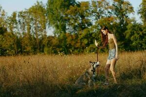 uma mulher tocam e danças com uma rouco procriar cachorro dentro natureza dentro outono em uma Relva campo, Treinamento e Treinamento uma jovem cachorro foto