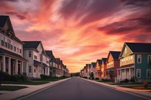 casas dentro residencial distrito com dramático colorida pôr do sol céus. ilustração ai generativo foto